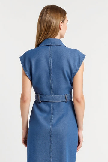 Grey Blue Lapel Neck Sheath Midi Work Dress